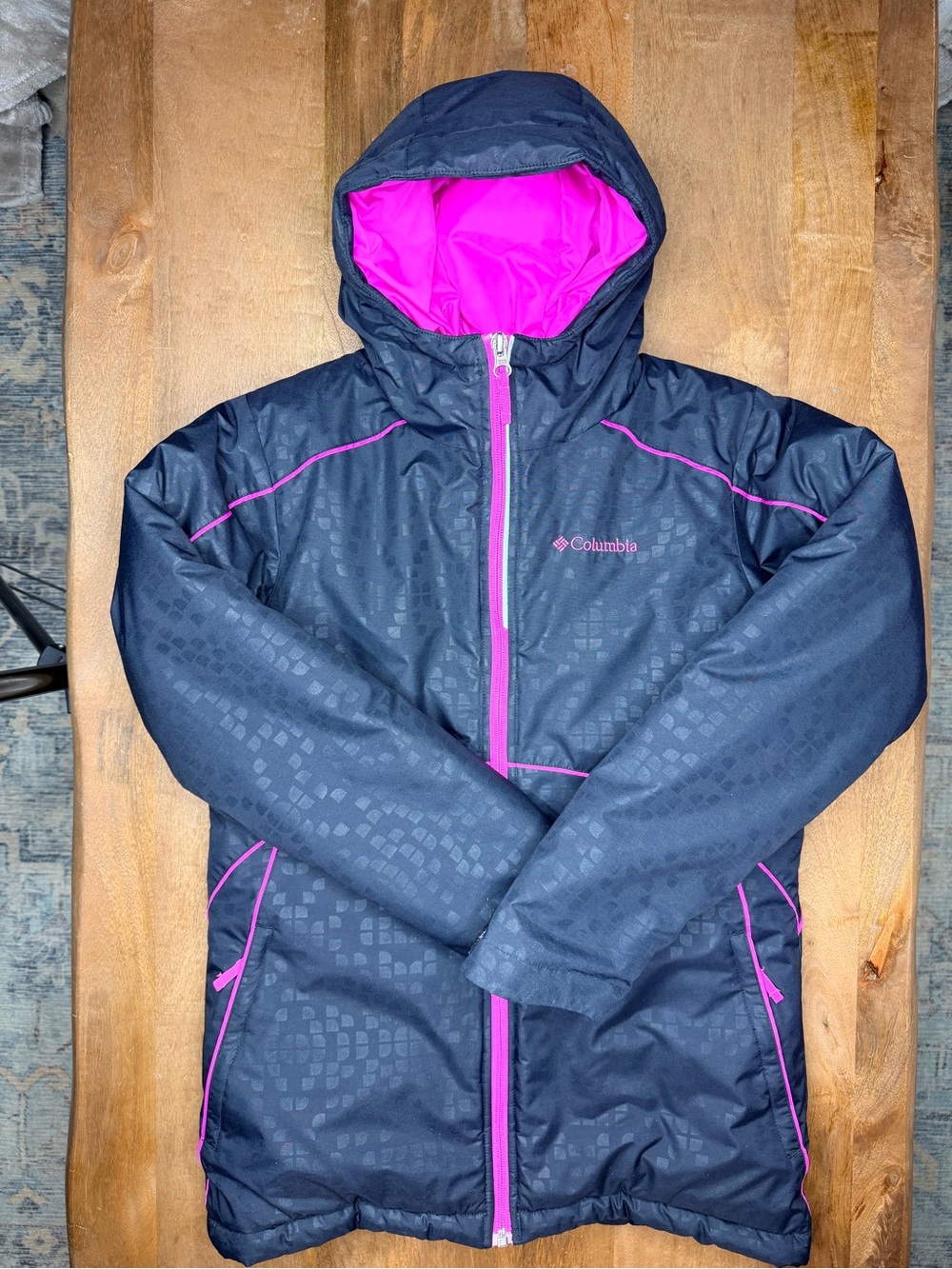 Columbia Children’s Black and Hot Pink Hooded Insulated Jacket